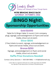 Flyer for sponsors with info for Bingo event to be held October 3rd